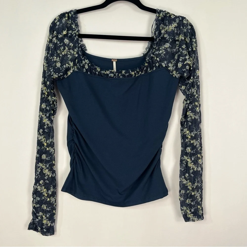 Free People Josie Long-Sleeve Top Indigo Blue Combo sz Medium